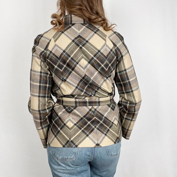 Vintage Plaid Tartan Wool Belted Oversized Blazer Jacket Pea Coat Preppy Fall - Picture 3 of 7
